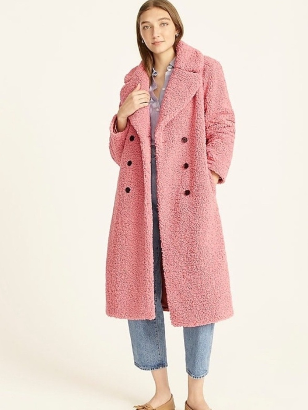 J. Crew Double-breasted Teddy Sherpa Topcoat in Pink - Size Small